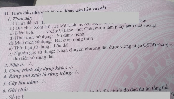 Chỉ với 900 triệu có ngay 47m2 đất ở tại thôn 4 Hạ Lôi, xã Mê Linh
Đường ô tô vào tận đất
Giáp trường học, chợ, đường lớn